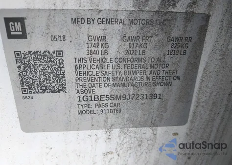 2018 Chevrolet Cruze Lt Auto из США, поврежденный, VIN 1G1BE5SM9J7231391